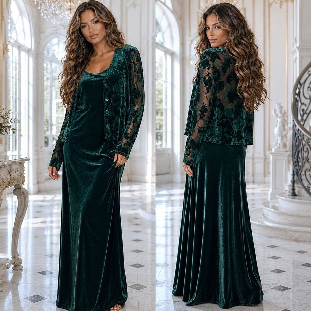 Vtg Emerald Velvet 12 Burnout 2pc Maxi Dress Set Gothic Formal Evening Wedding